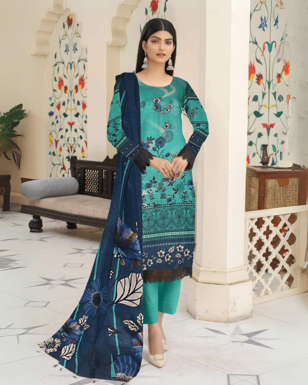 Teal Garden 3 Piece Premium Lawn Suit