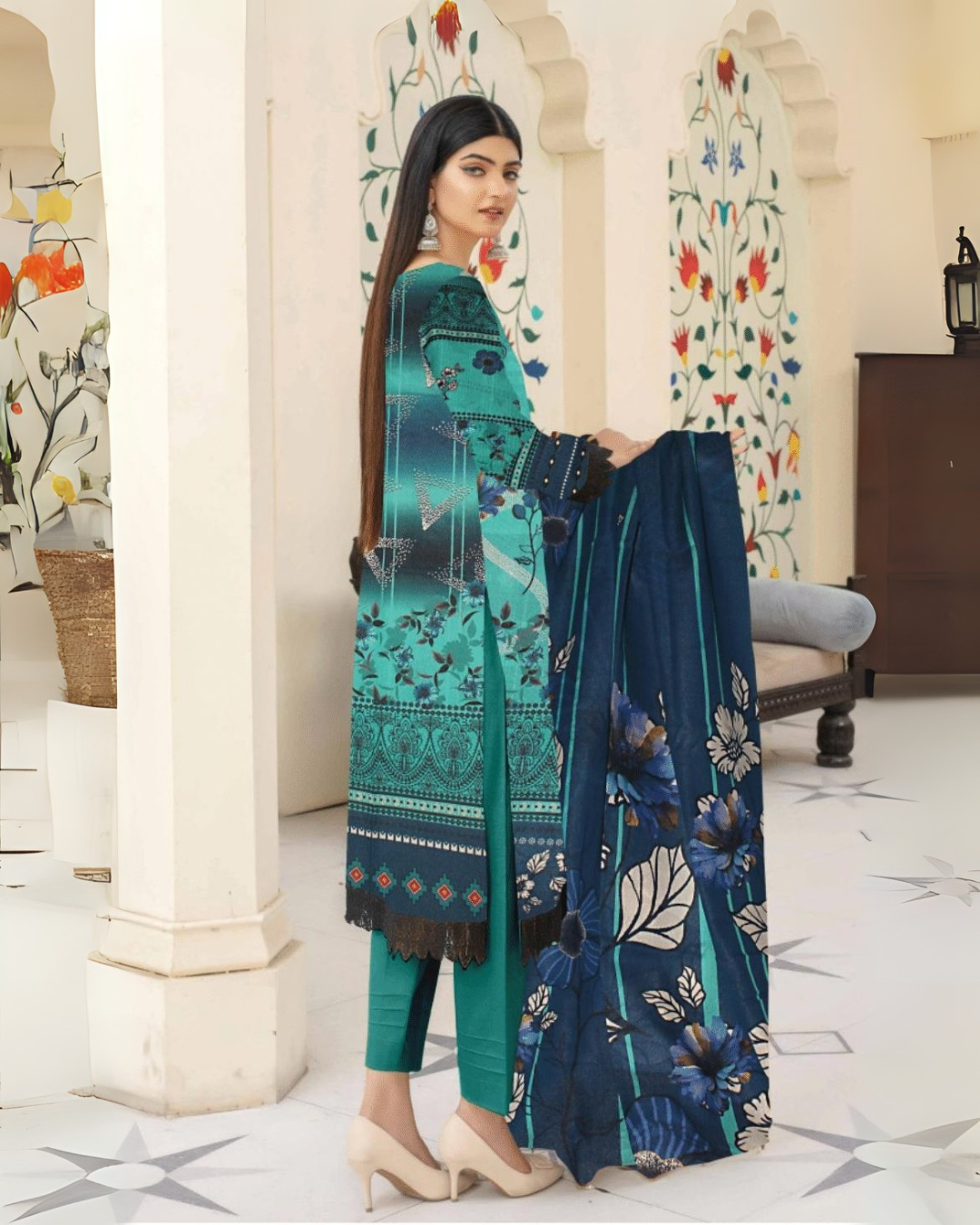 Teal Garden 3 Piece Premium Lawn Suit