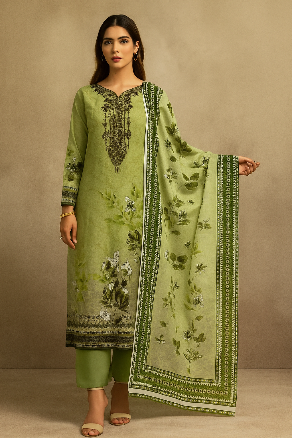 Olive Bloom 4 Pc Lawn Chikankari Suit Unstitched