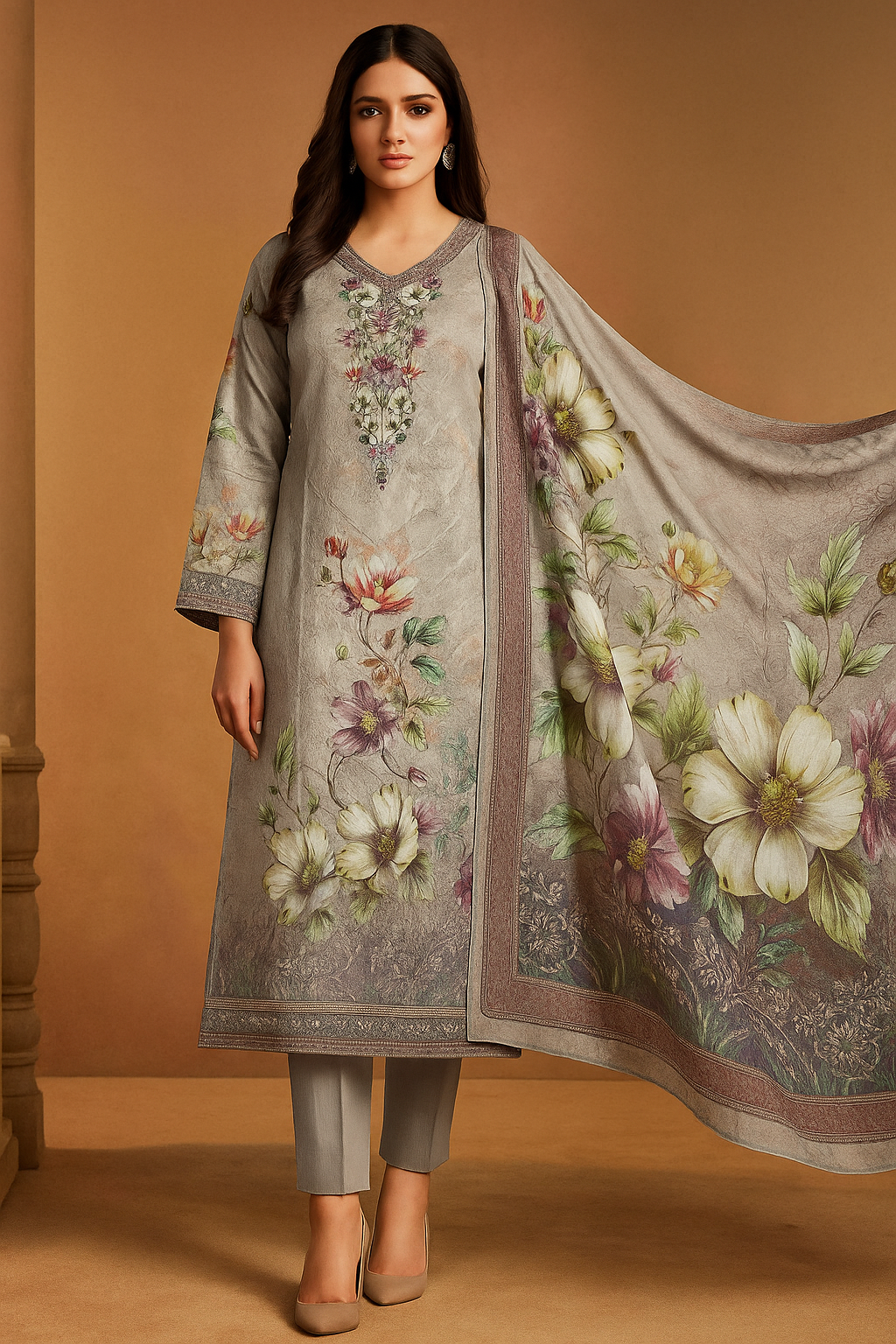 Light Grey 4 Pc Lawn Chikankari Suit Unstitched