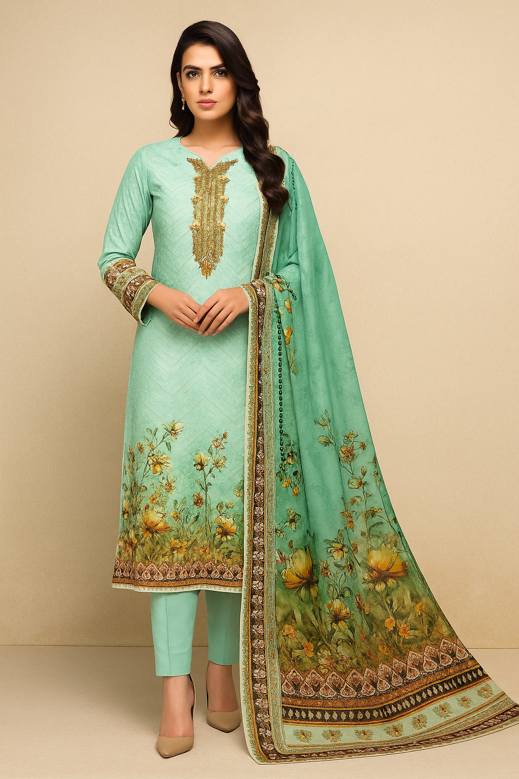 Mint Green 4 Pc Lawn Chikankari Suit Unstitched