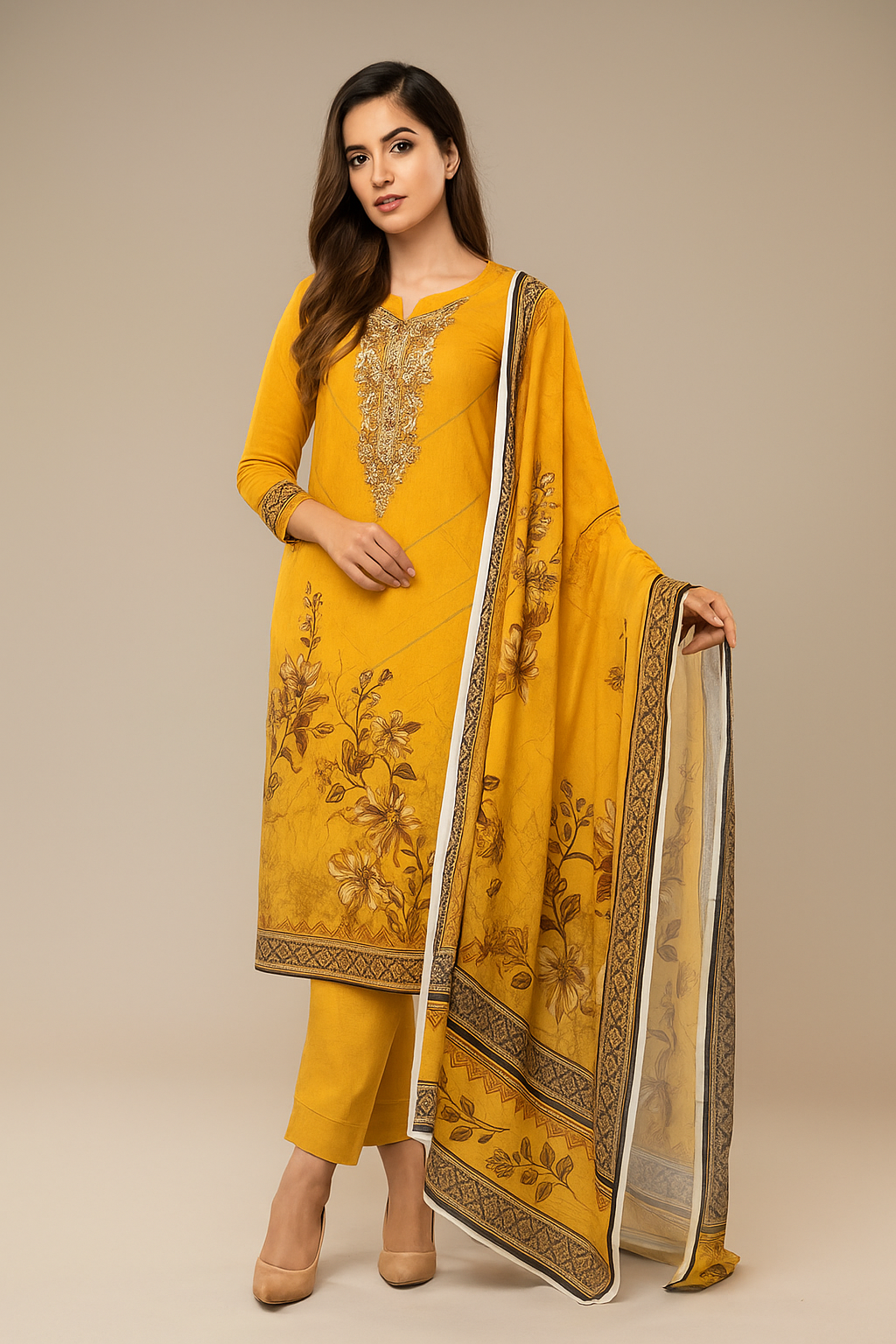 Mustard Gold 4 Pc Lawn Chikankari Suit Unstitched