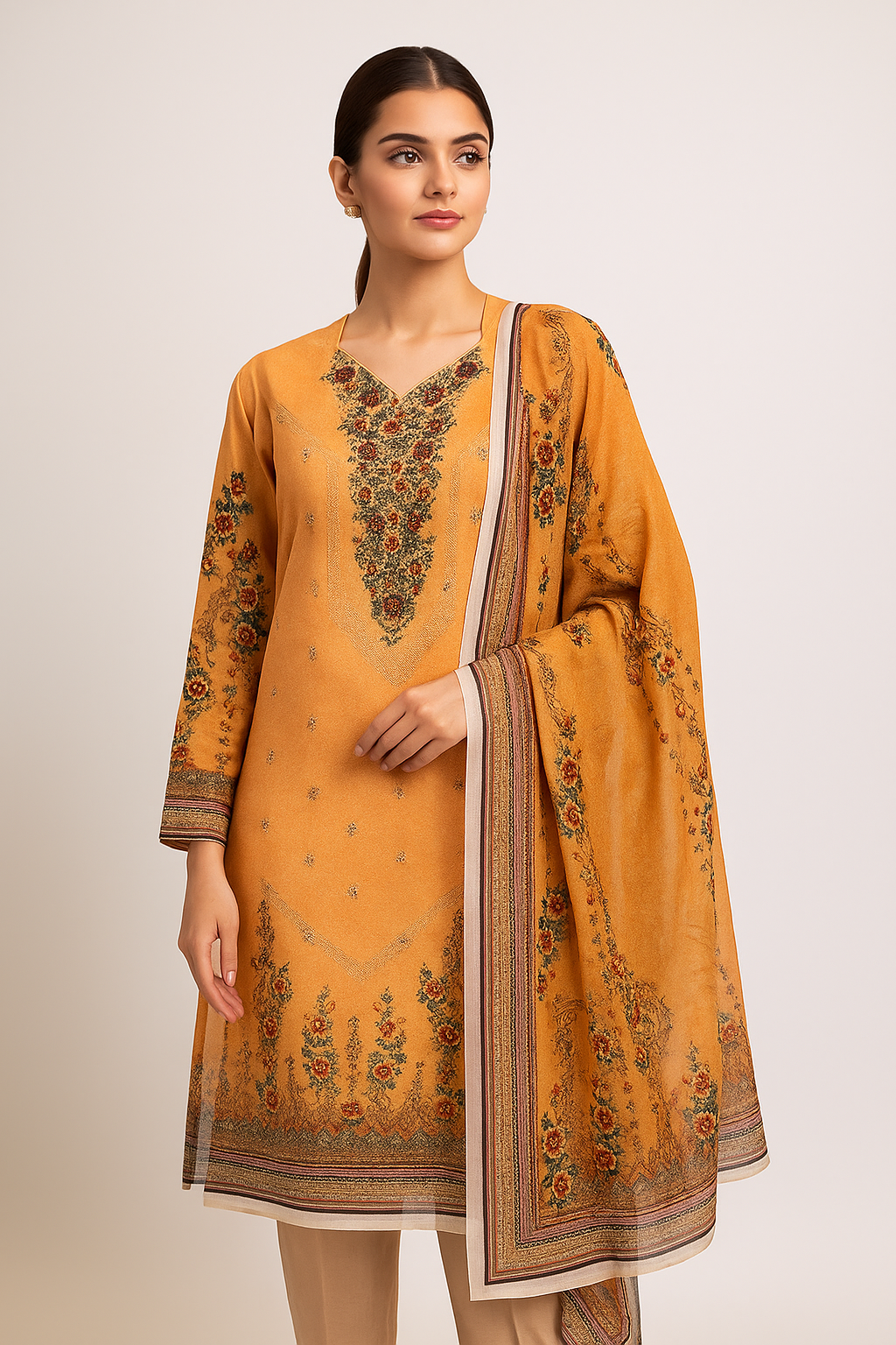 Soft Orange 4 Pc Lawn Chikankari Suit Unstitched