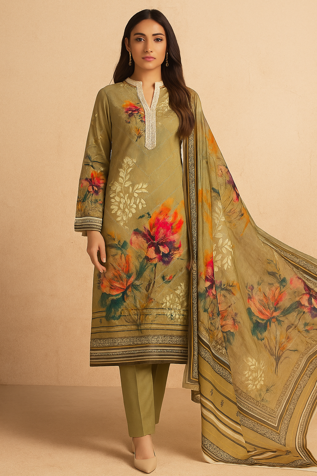 Olive Beige 4 Pc Lawn Chikankari Suit Unstitched