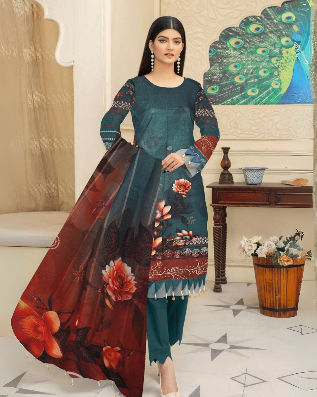 Rust Petal Teal 3 Piece Premium Lawn Suit